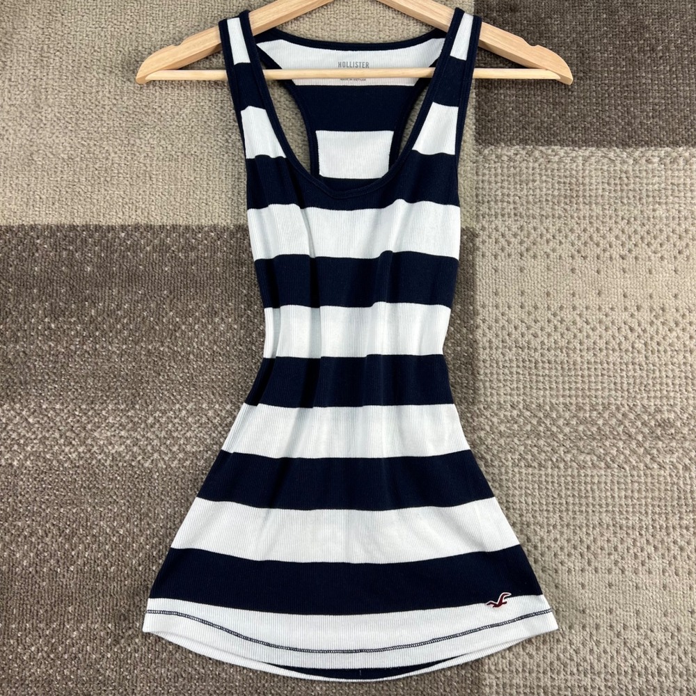 Hollister Womens S Navy‎ Blue White Striped Ribbed Racerback Tank Top Y2K Style
